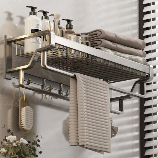 Bathroom Shelf Towel Hanger Rack Wall-mouted Double Rod Mesh Basket