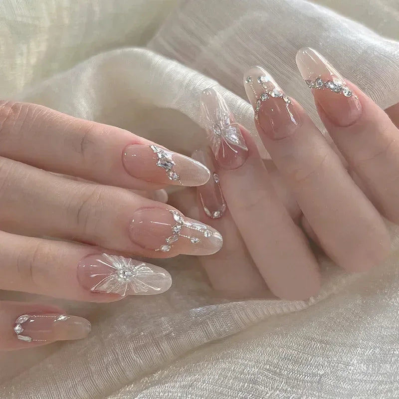 24Pcs Pink Almond French Press on Nails With 3D Bow ripple charms Design Fake Nails Ballerina False Nails Full Cover Nail Tips