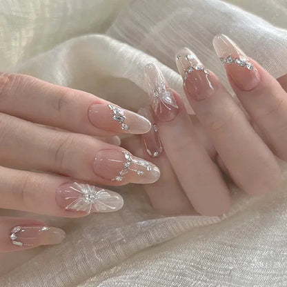24Pcs Pink Almond French Press on Nails With 3D Bow ripple charms Design Fake Nails Ballerina False Nails Full Cover Nail Tips