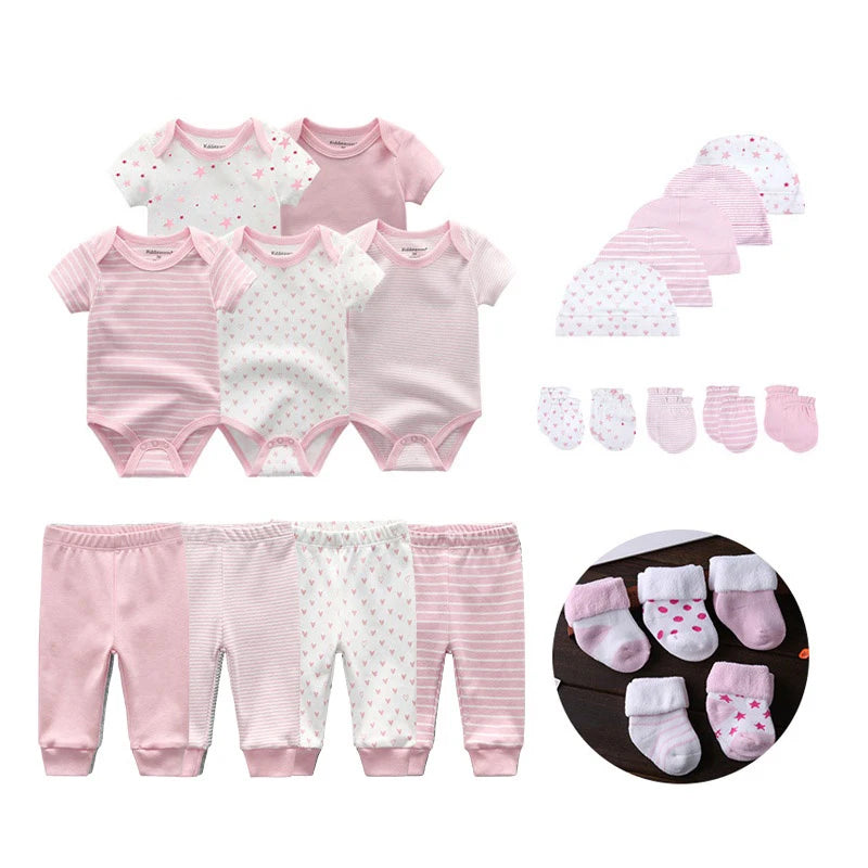 24Pieces Newborn Baby Rompers+Pants+Mittens+Hats+Socks Set 100%cotton Print Unisex Baby Girl Boy Clothes Sets