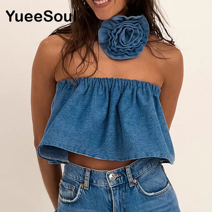Blue Denim Crop Tops Sleeveless Slim Sexy Women Tank Top