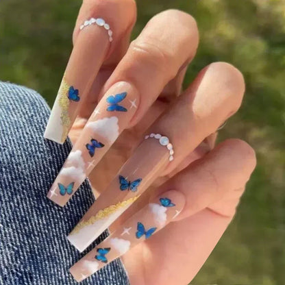 24Pcs False Nails Long Coffin Ballet French with Rhinestones Wearable Fake Nails Blue Flower Full Cover Press on Nails Tips Art