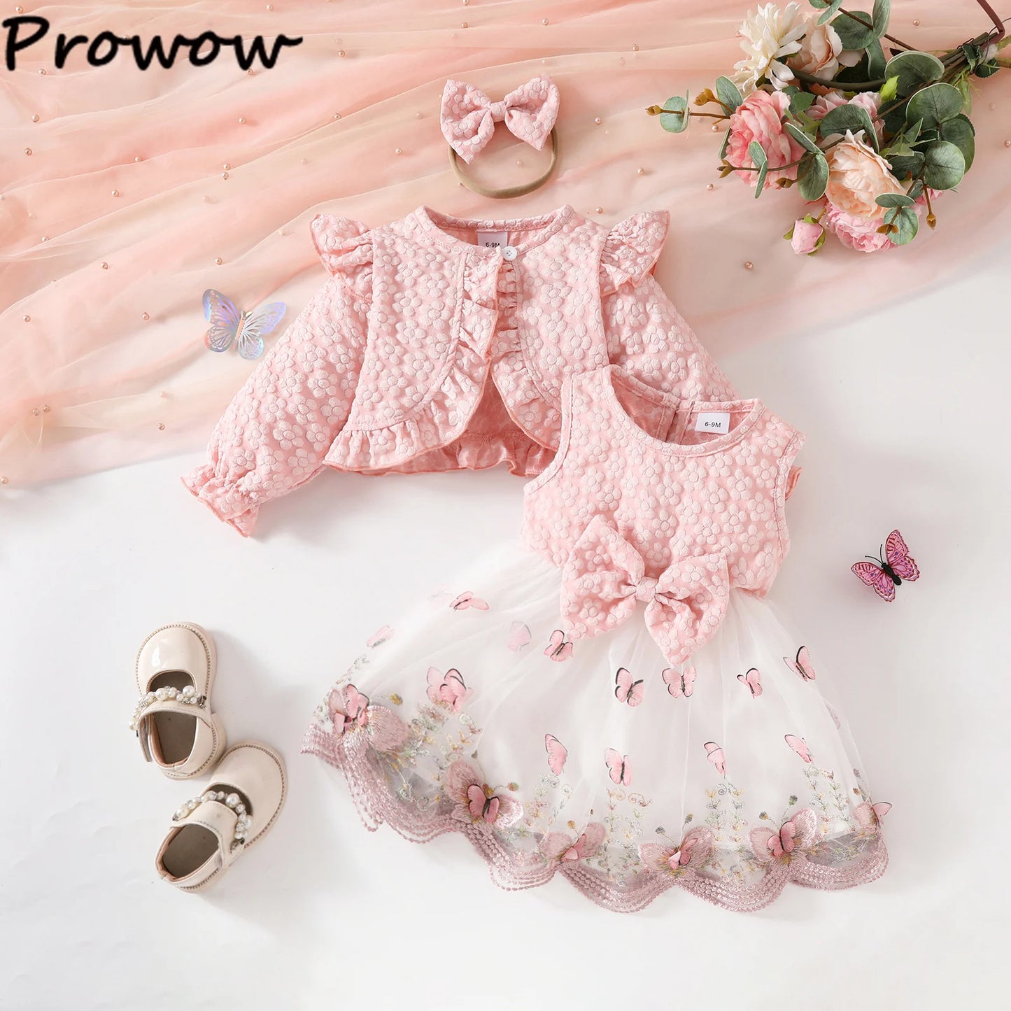 Baby Dresses Birthday Party Costume Pink Jacquard Cardigan Coat and Lace Butterfly Dress For Girls Newborns Infants Clothes