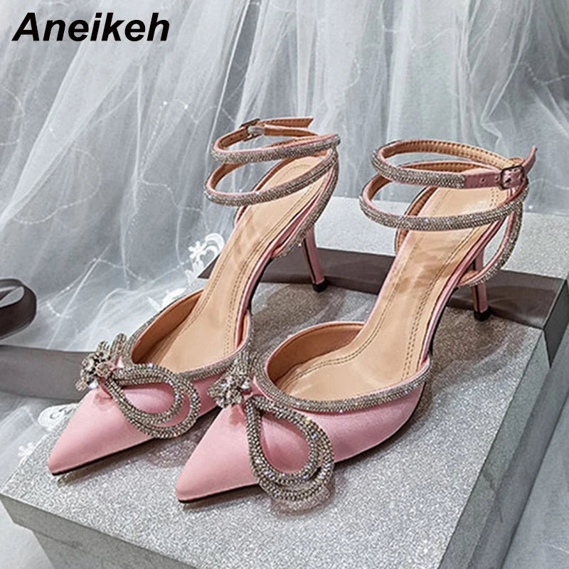 Aneikeh Spring/Autumn 2025 Women's Shoes Fashion Butterfly-Knot Narrow Band Bling Patchwork Cross-Tied Crystal Pointed Toe Pumps