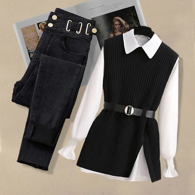 Large Autumn and Winter Suit for Women Vest Shirt Casual Slim Jeans Three Piece Set