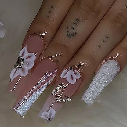 24pcs Artifical Bails With Glue Fake Nail Tips With Design Detachable Press On Nails Long Fake Nail Finished Nail Piece Sticker