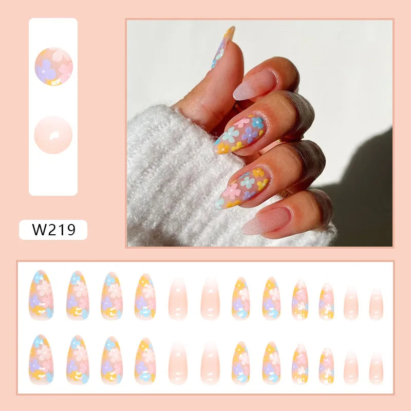 24pcs/Box Ballerina Nail Tip Purple with Design Manicure Patches Fresh Floral Almond False Nails Press on Med Nails Detachable