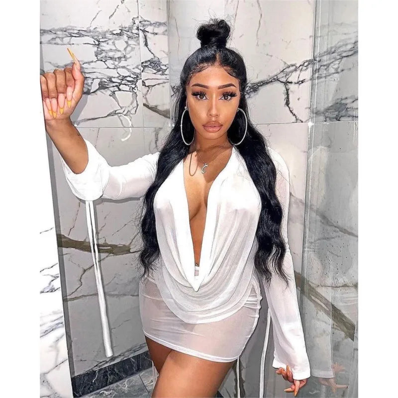 Y2k Backless Deep V Mini Lace Dress Long Sleeve Two Piece