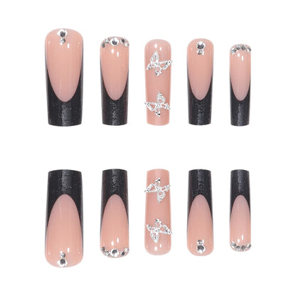 Fashionable Set Of 24 Rectangle Shaped Black French Nail Tips With Glitter & Silver Butterfly Rhinestone Decoration