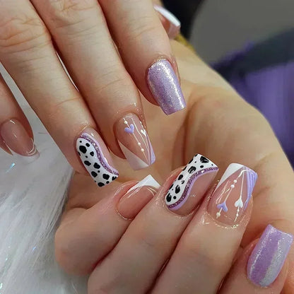 24Pcs Short Square French False Nails with Flower Shiny White Edge Design Pink Glitter Fake Nails Full Cover Press on Nails Tips