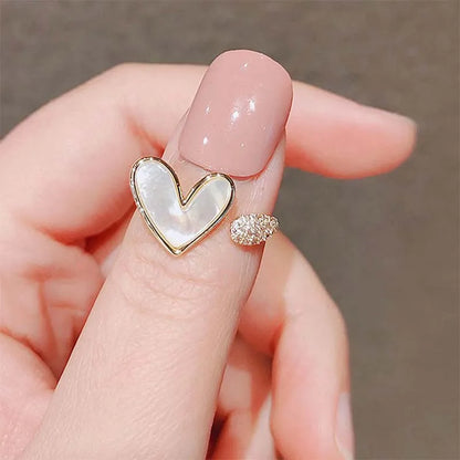 GUFTM Fashion Cute Shell Heart Rings for Women Girls Elegant Temperamental Gold Color Zircon Open Adjustable Ring