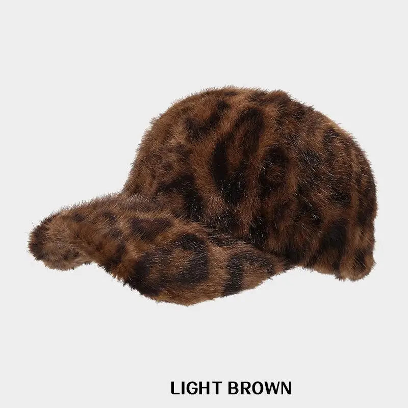 Leopard Print Baseball Cap Women Plush Faux Fur Keep Warm Winter Women's Cap Outdoor Vintage