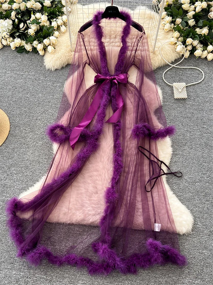 SINGREINY Transparent Gauze Spliced Wool Long Robes Sleepwear Women Lace Up Long Sleeve Robes Fashion Sheer Sexy Cardigan Robes