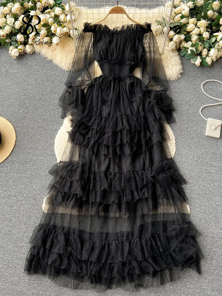 Off the Shoulder Tierred Elastic Sundress Polka Dot Lace Maxi Dress