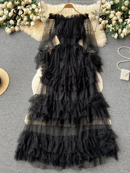 Off the Shoulder Tierred Elastic Sundress Polka Dot Lace Maxi Dress