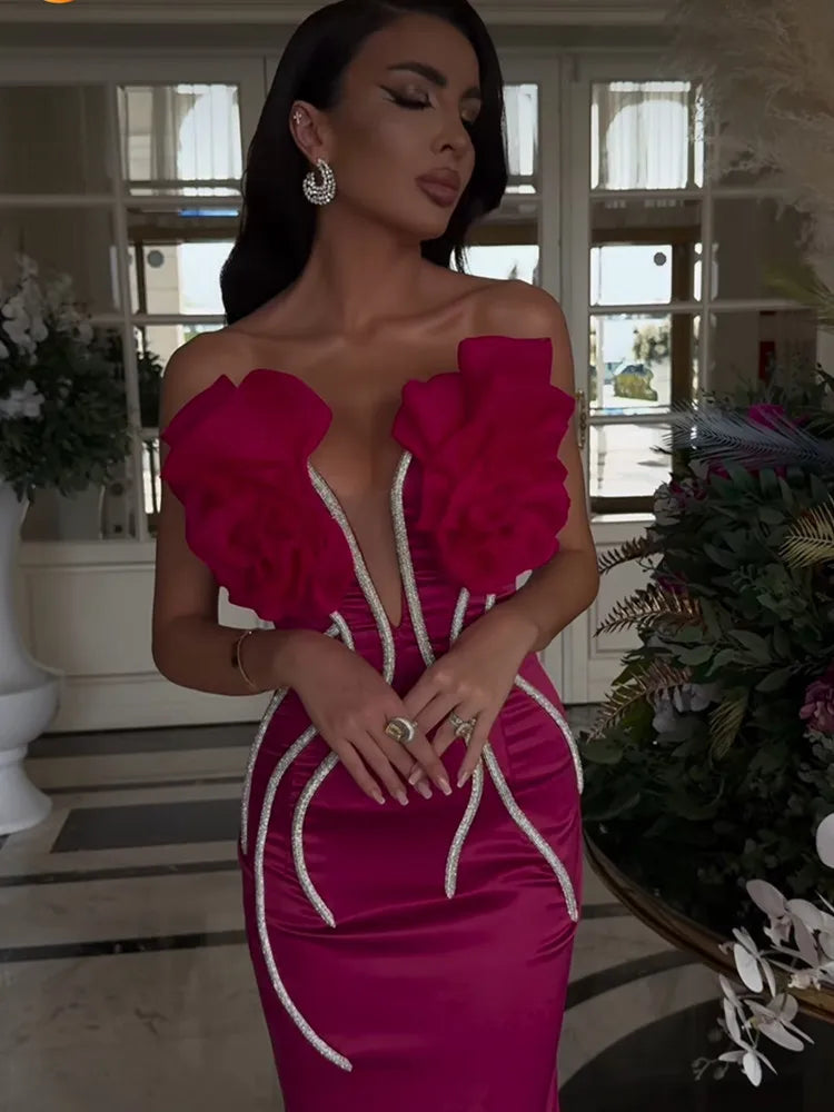 Women Celebrity Sexy Strapless Backless Beading Diamonds Pink Maxi Long Bandage Dress