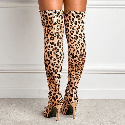 Aneikeh Over Knee Long Boots Sexy Leopard Fetish Strip Pole Dance Pointed Toe Thin Heels