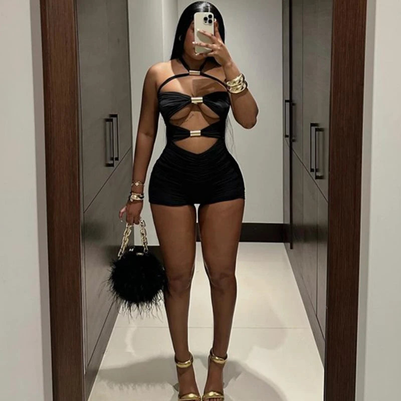 Sexy Hollow Out Women Playsuits Fashion Metal Rings Backless Skinny Rompers