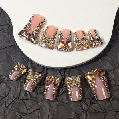 24 piece rectangular 3D butterfly dot diamond style, brown color scheme enhances your charm, nail art set, press nail