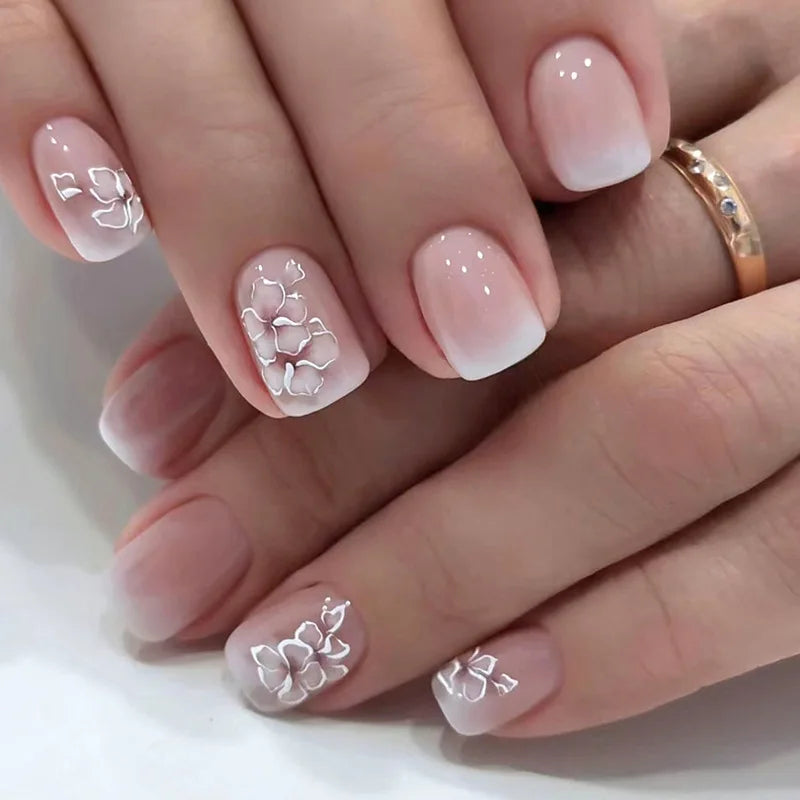 24pcs Short Square False Nails Glitter Flower Wave French Fake Nails Manicure Full Cover Detachable Nail Tips Press on Nails