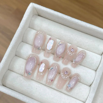 10Pcs Ballet Blue Fake Nails with 3D Ocean Moon Rhinestone Design False