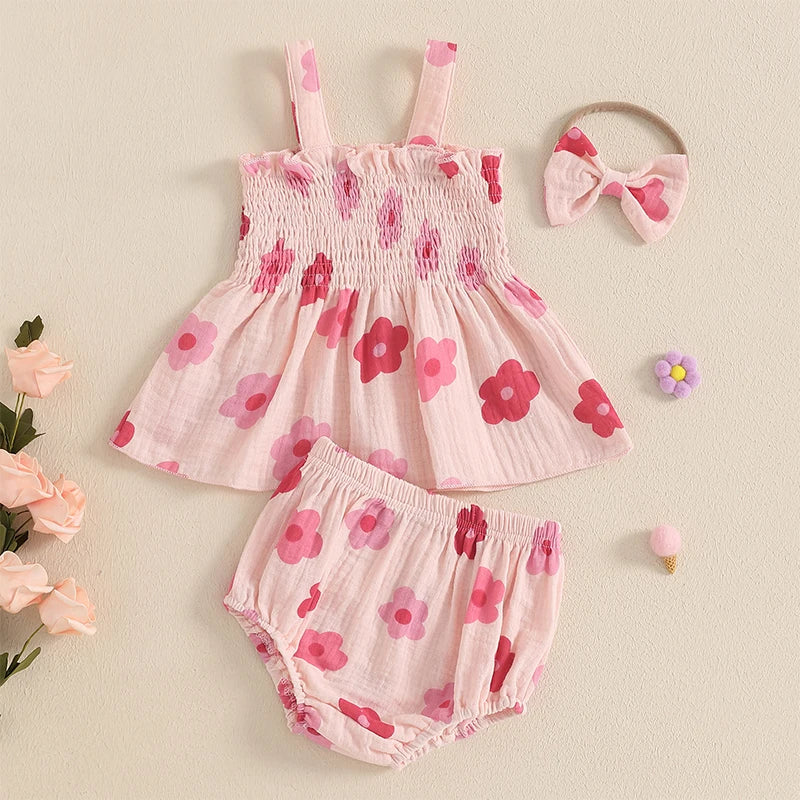 Summer Newborn Baby Girls Clothes Sets Floral Print Sleeveless Ruched Ruffles Tanks Tops+Shorts Bottoms Holiady Beach Outfits