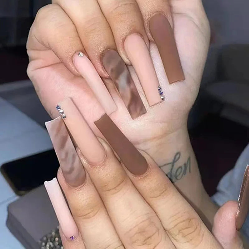 24Ps Super Long Ballet Wearable Fake Nails Blue Diamond Small Flower Press on Nail Stickers Finished Removable False Nail Pieces