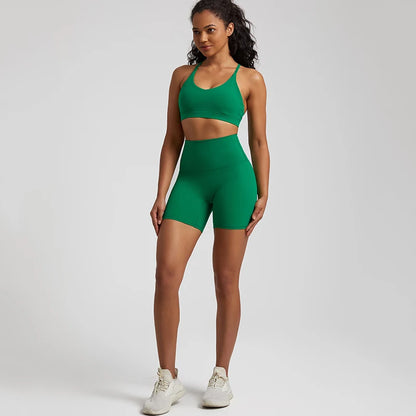 Naked Feel Gym Set Women Clothes High Waist Yoga Shorts and Strappy Sports Bra