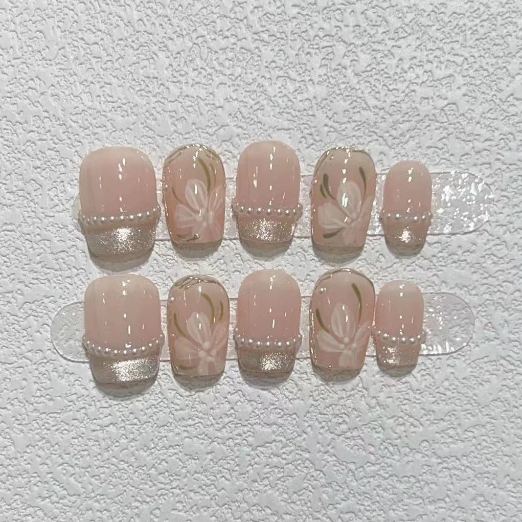 10Pcs Short Round Handmade Press On Nails Full Cover Peach Pink