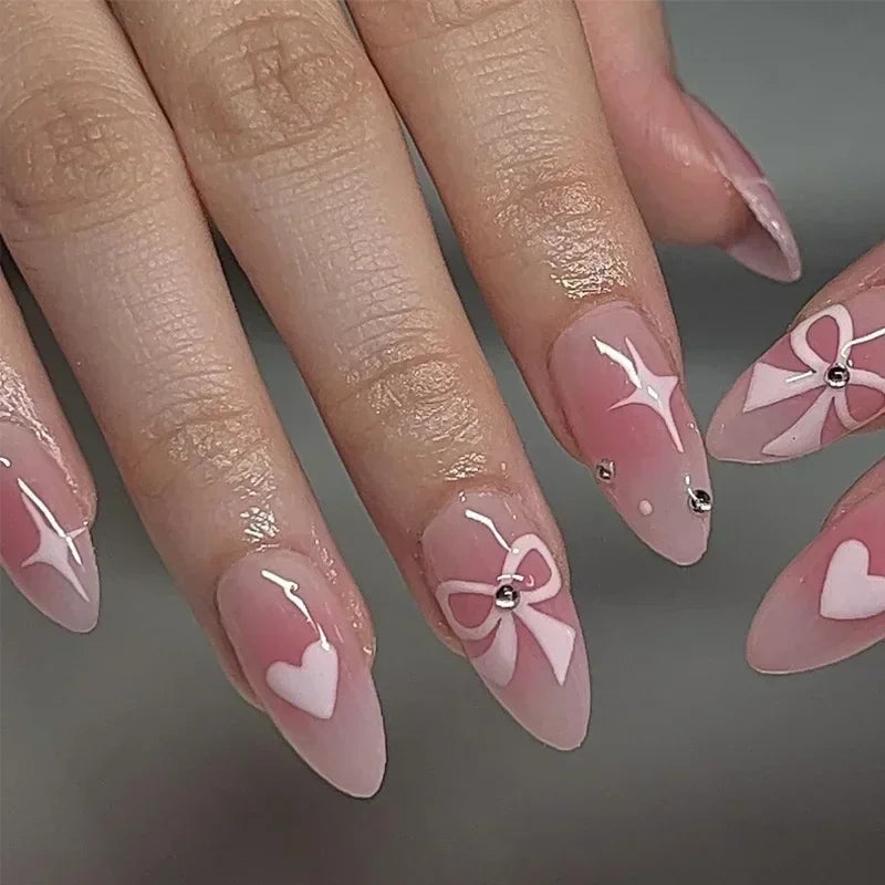 24Pcs Pink Almond French Press on Nails With 3D Bow ripple charms Design Fake Nails Ballerina False Nails Full Cover Nail Tips