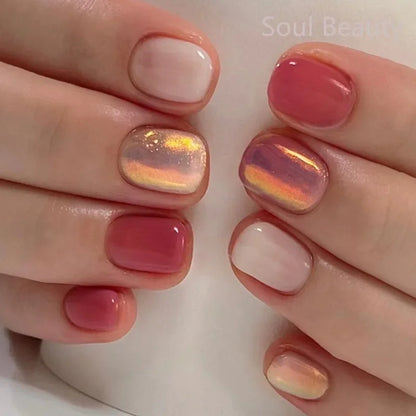 24Pcs Short Square Nude Fake Nails Art White Edge Glossy Artificial French False Nails Removable Full Cover Press on Nail Tips