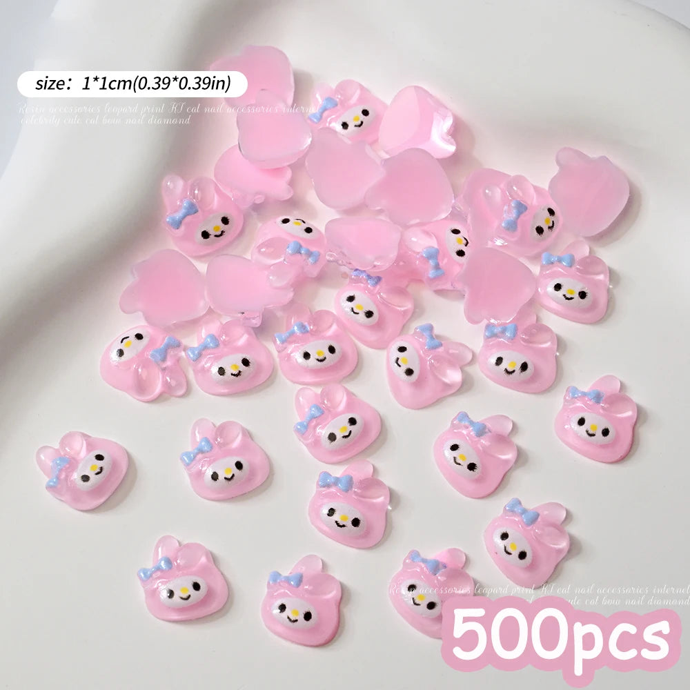 500pcs Cute Sanrio Nail Art Charms 3D Pink Bow Hello Kitty Cinnamoroll Nail Decoration