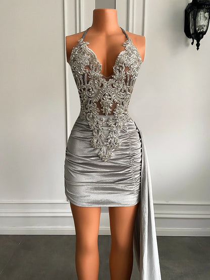 New Arrival V-neck Sheer Beaded Embroidery Women Birthday Party Gowns Silver Velvet Sequined Black