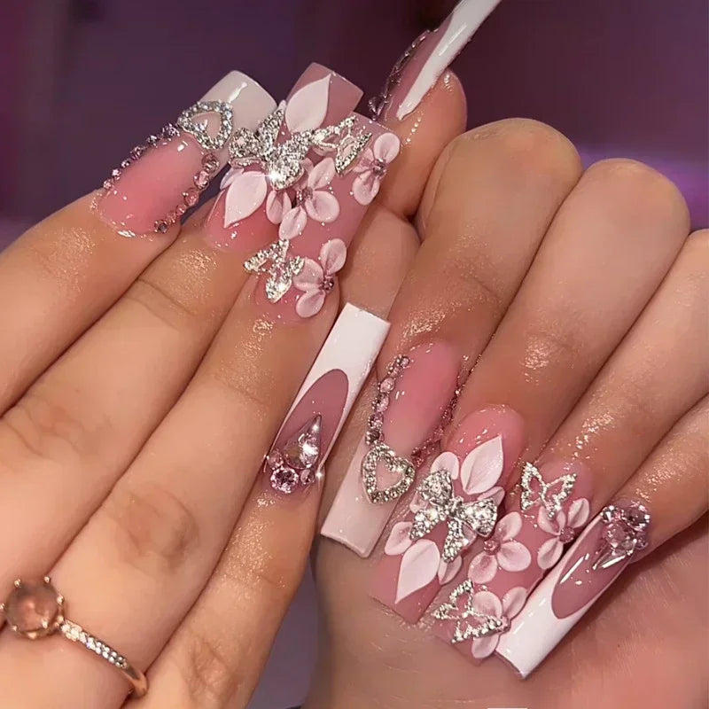 24Pcs Long Ballet French False Nails Pink Butterfly Flower with Rhinestones Wearable Fake Nails Gradient Press on Nail Tips Art