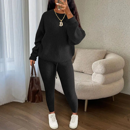 Winter Two Piece Sets Women Clothing Autumn Fashion Casual Solid Round Neck Pullover Loose Pit Knitted Sweater Pants Suits