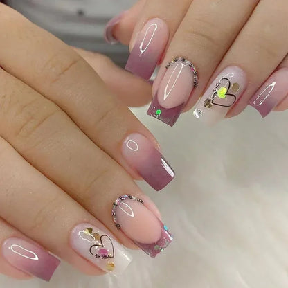 24Pcs Simple Blue French Fake Nails with Diamond Love Pattern Design False Nails Press on Mid-length Ballet Full Cover Nail Tips