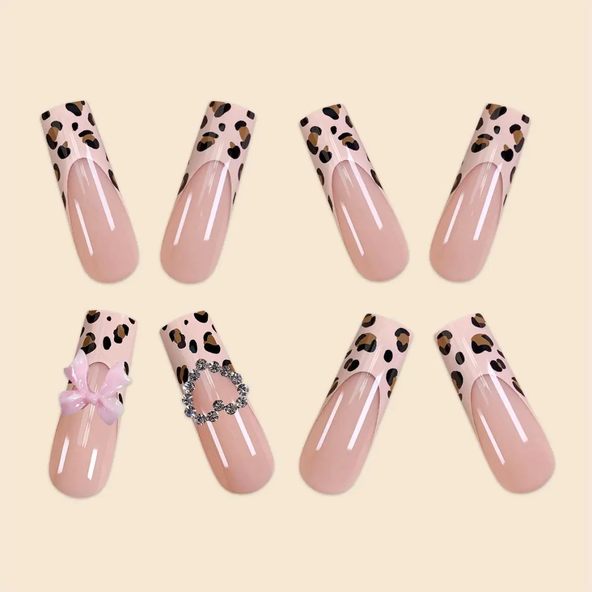 Luxury Ladies 24Pcs/Set Super Long Square French Leopard Print Pink Bow Heart Decoration Wearable Fake Nail  Press on Nail Art