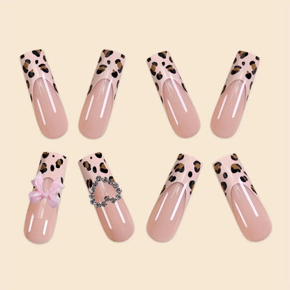 Luxury Ladies 24Pcs/Set Super Long Square French Leopard Print Pink Bow Heart Decoration Wearable Fake Nail  Press on Nail Art
