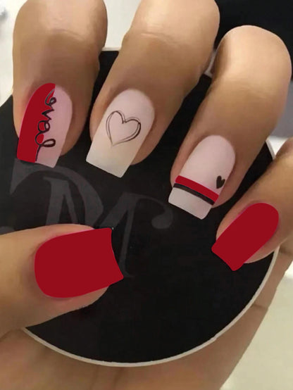 24pcs Short Square Pink Matt Full Cover Fake Nail Set - Press On Nails Love Design - 1pc Nail File & 1Nail Glue Sticker Kit Nail