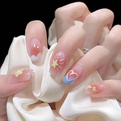 24Pcs Wearable French Fake Nails with Glue Simple Square False Nail Pink Short Detachable Press on Nail Tips Nude Manicure