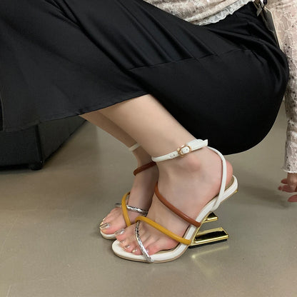 Aneikeh Summer Fashion Fretwork Heels Cross Striped Color Blocked High-heeled Sandals
