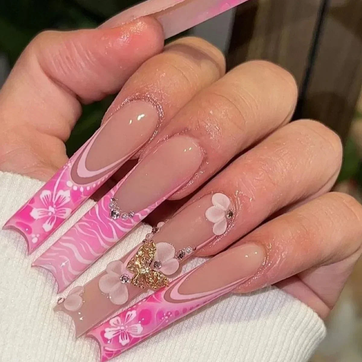 24Pcs Long Ballet Square False Nails Simple French 3d Curve Design Fake Nails Wearable Press on Fake Nails Full Cover Nails Tips