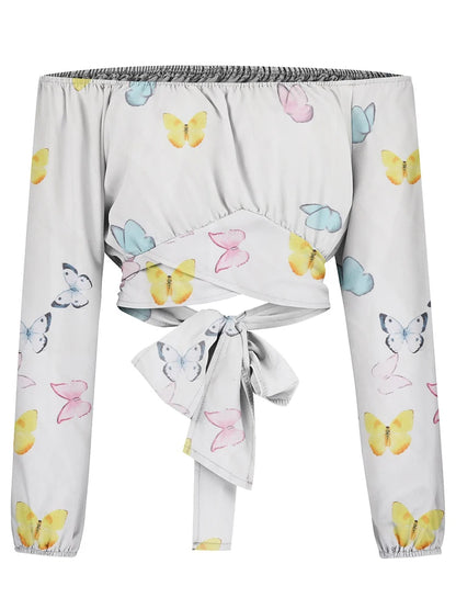 Elegant Boho Print Blouse Casual Long Lantern Sleeve Off Shoulder