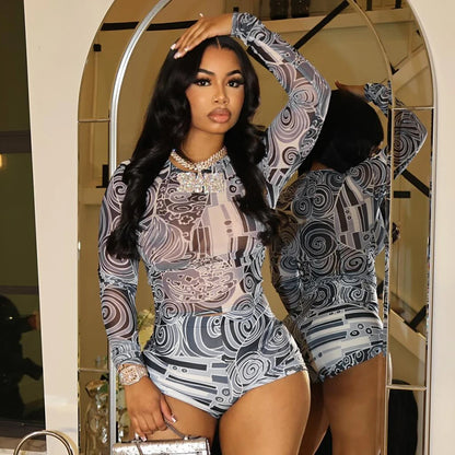 Streetwear Sexy Womens Cloting 2 Piece Set Fashion Print Mesh Sheer