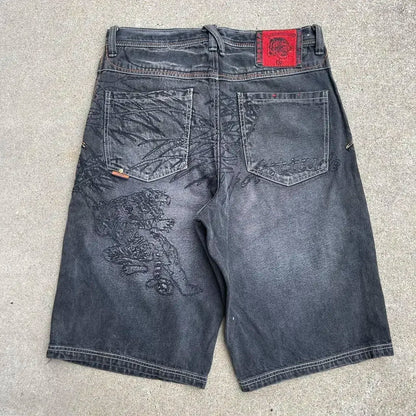 Hip Hop Rhinestones Graphical Baggy Jeans Blue Streetwear Y2k Gothic Shorts
