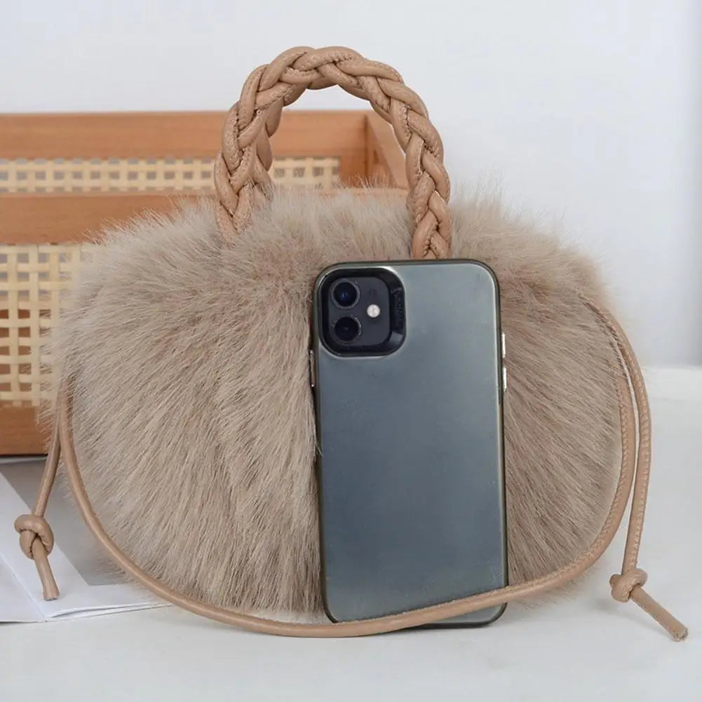 Cute Pumpkin Bag Faux Fur Tote Bag Women's Bucket Plush Luxury Design Ladies Handbags Soft Winter Sweet Girl Handbag