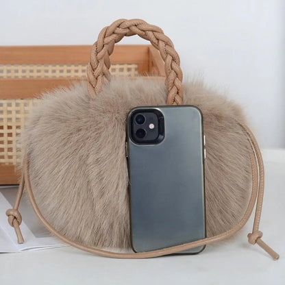 Cute Pumpkin Bag Faux Fur Tote Bag Women's Bucket Plush Luxury Design Ladies Handbags Soft Winter Sweet Girl Handbag