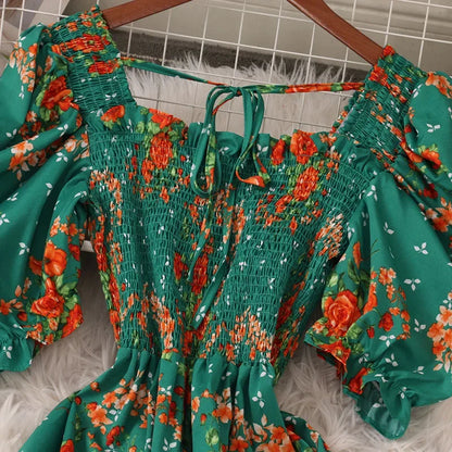 Korean Fashion Floral Print 2025 Party Dress Summer Short Puff Sleeve Vacation Women Long Dress Beach Vestidos