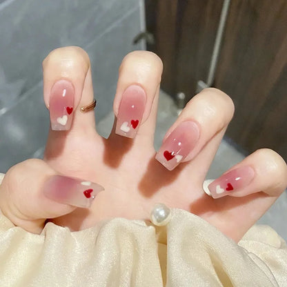 24Pcs Wearable French Fake Nails with Glue Simple Square False Nail Pink Short Detachable Press on Nail Tips Nude Manicure