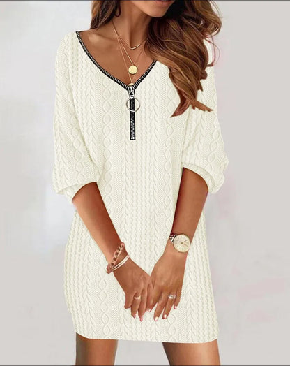 Plus Size NewAutumn and Winter Solid Color V-Neck Zipper Knitted Half-Sleeved Dress